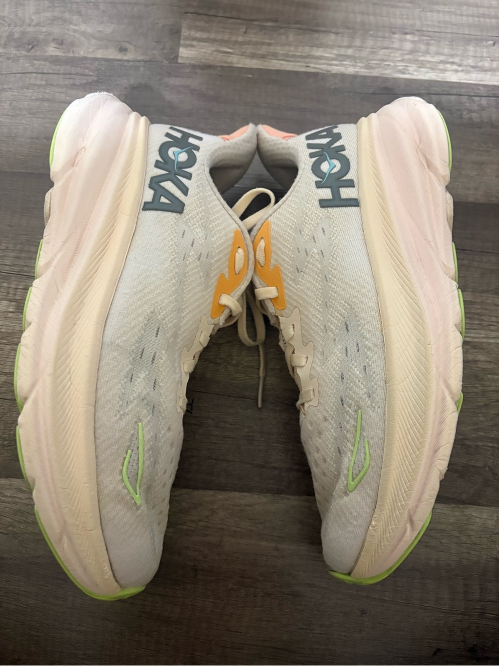 Hoka One One Cream Sneakers with Orange, Teal, and Lime Accents